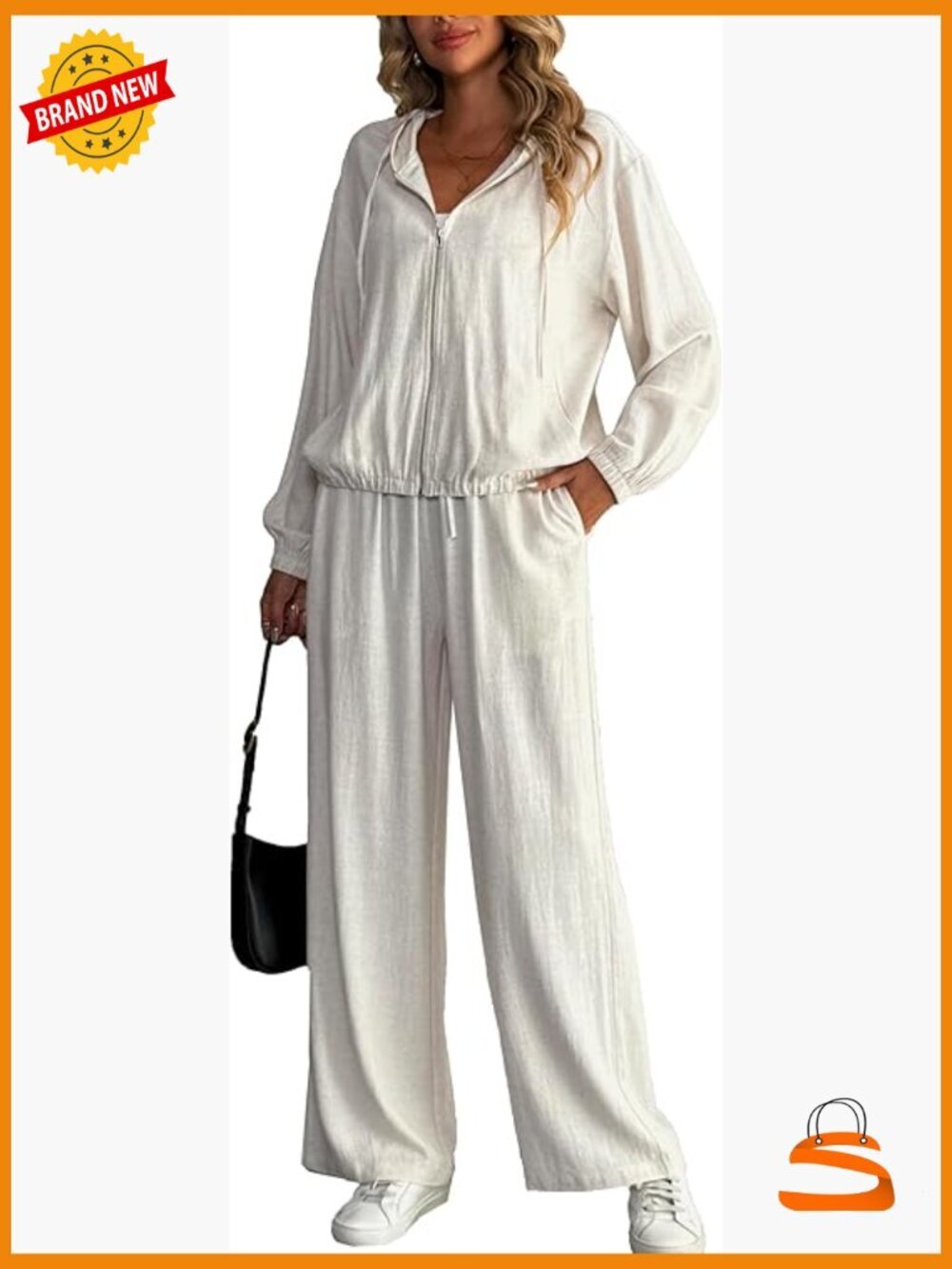 Linen Blend Zip Up Hoodie Jogger Set Wide Leg Lounge Tracksuit Women's 2 Piece